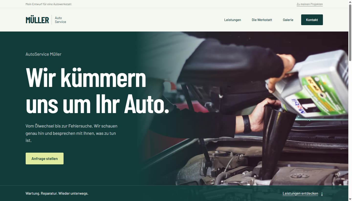 AutoService Müller mit petrolfarbener Gestaltung, Werkstattfoto und Anfrage-Button