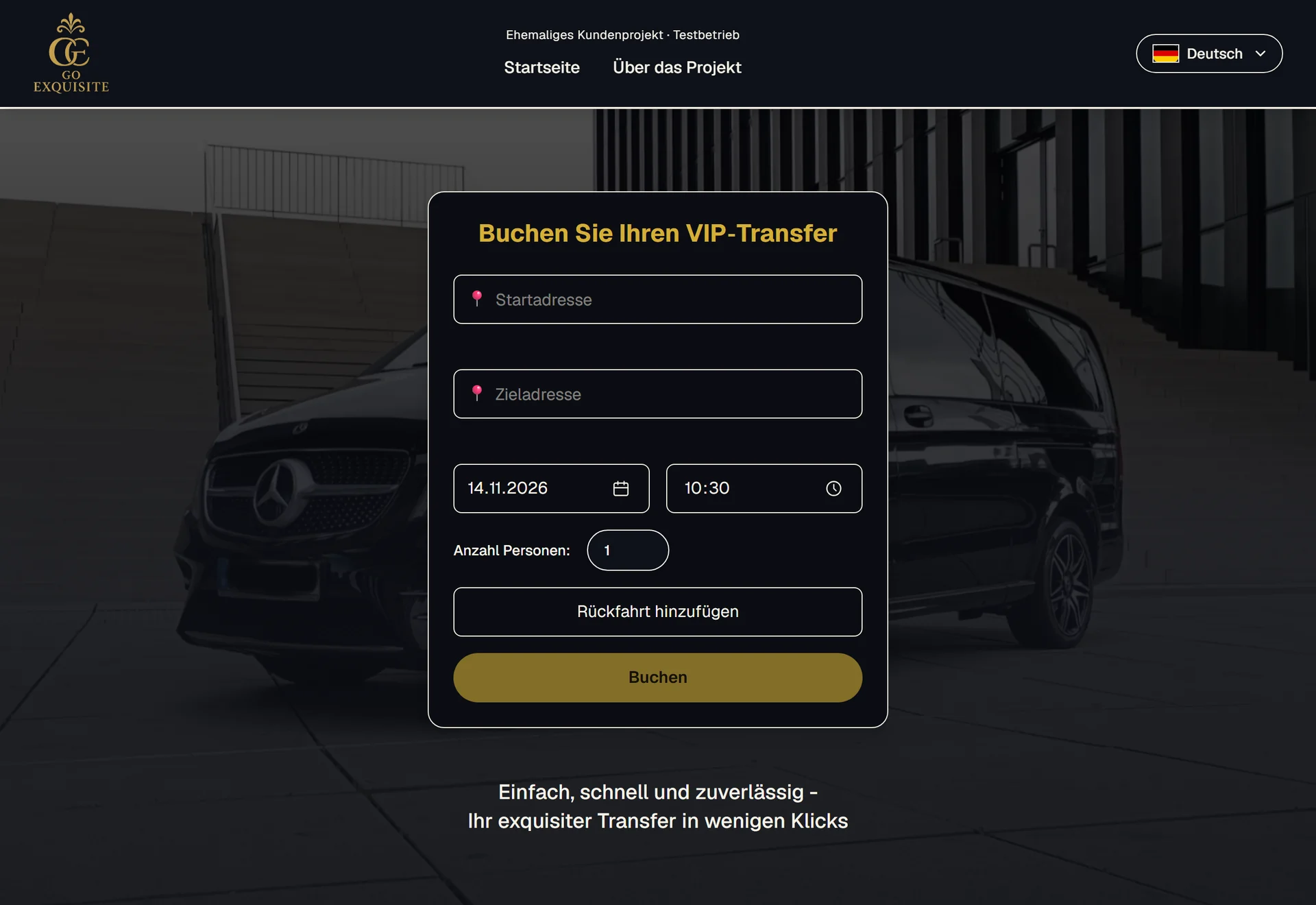 GOExquisite-Website am Computer mit Fahrzeugfoto und Buchungsformular für einen Transfer